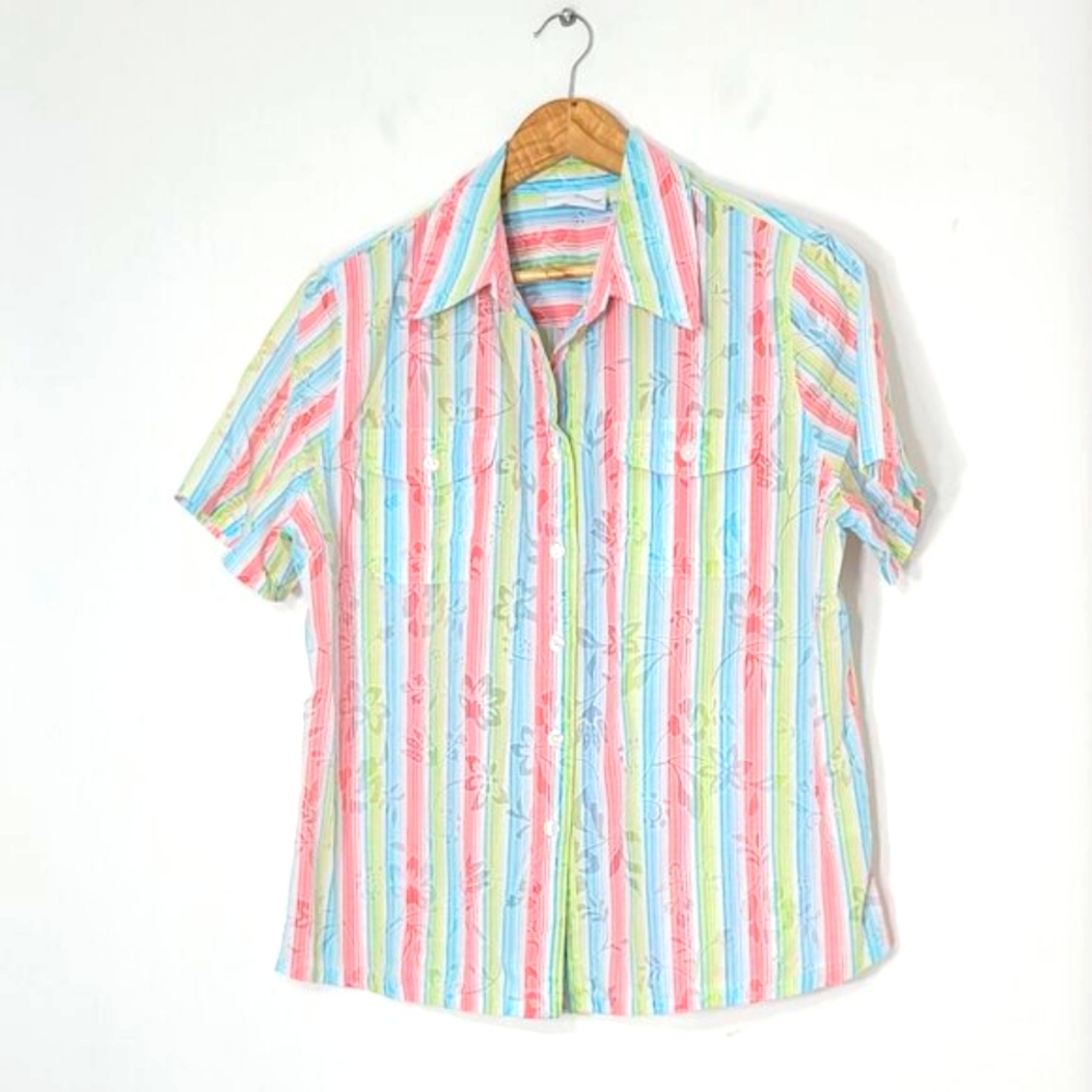 Alfred Dunner Vintage Multicolor Floral Stripes Cotton Blend Button-Up Shirt 12